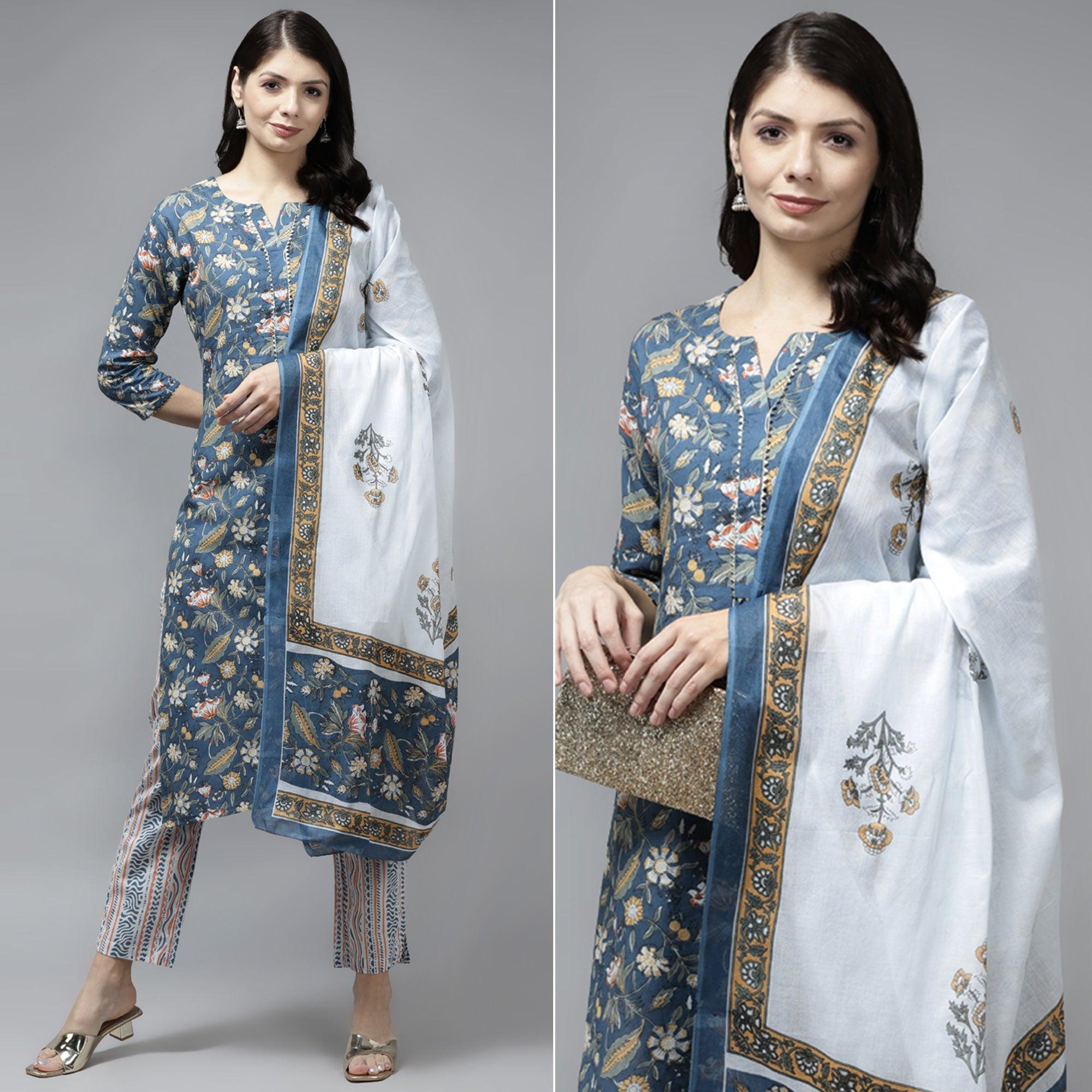 Teal Blue Printed Pure Cotton Kurti Pant Set With Dupatta - Peachmode