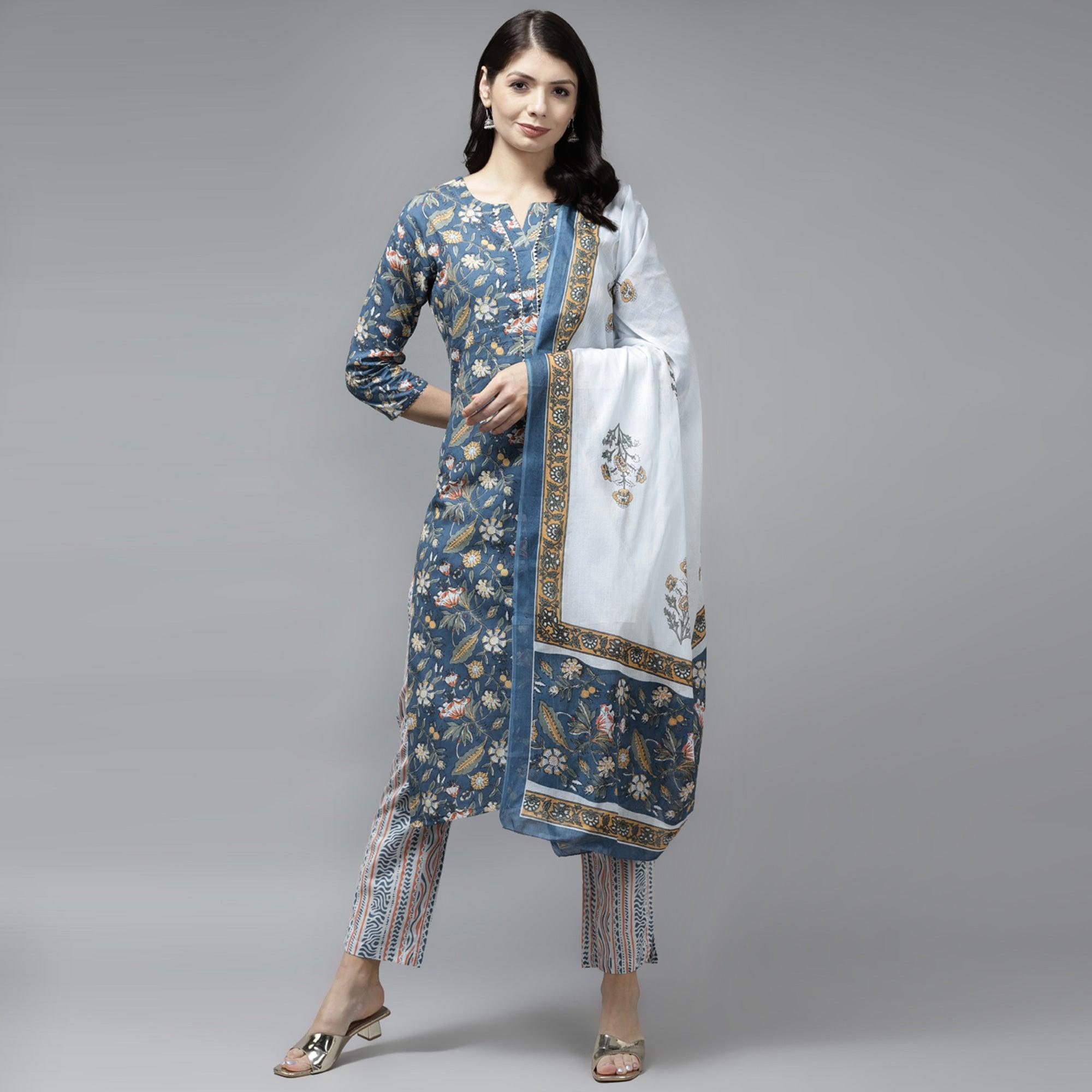 Teal Blue Printed Pure Cotton Kurti Pant Set With Dupatta - Peachmode