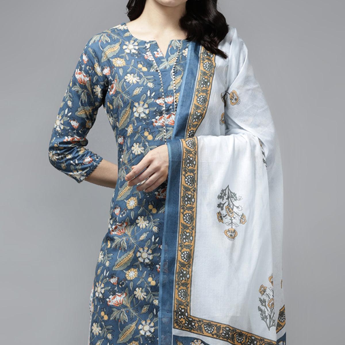 Teal Blue Printed Pure Cotton Kurti Pant Set With Dupatta - Peachmode