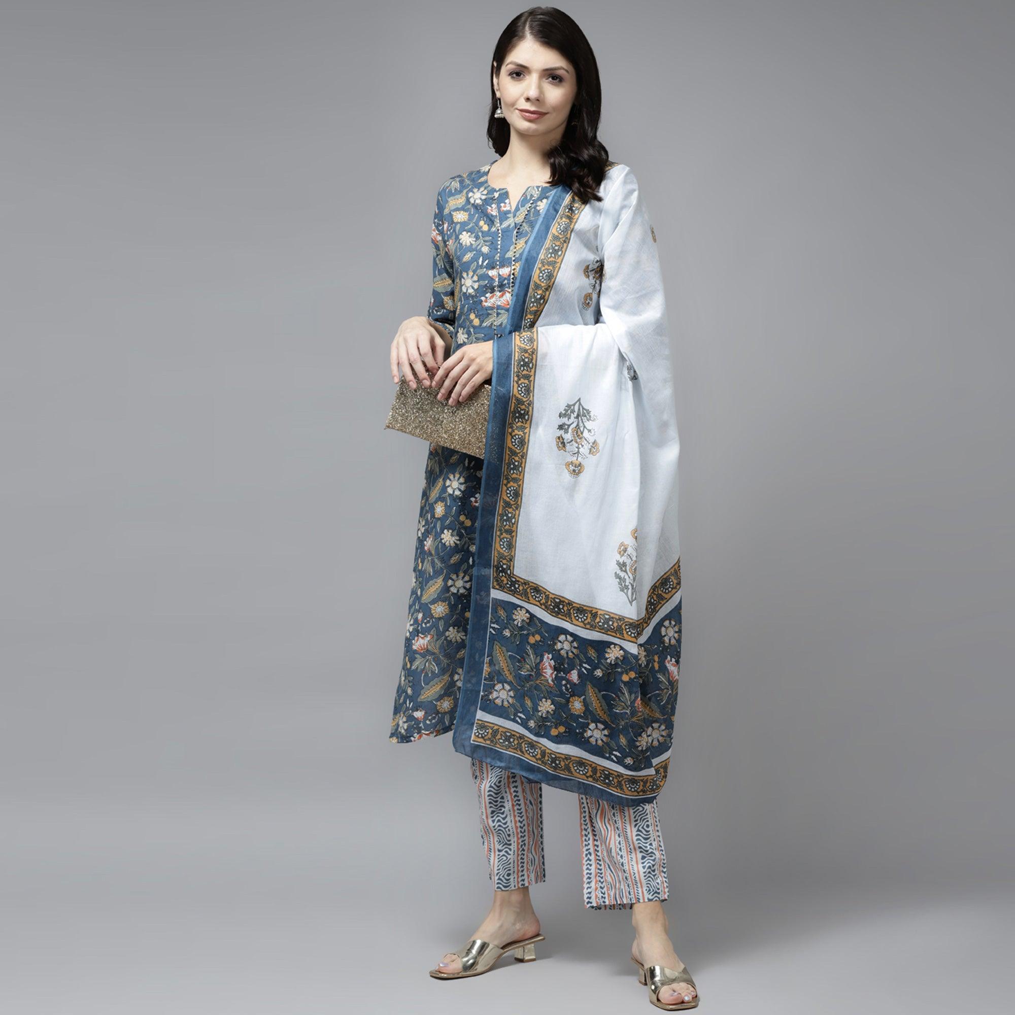 Teal Blue Printed Pure Cotton Kurti Pant Set With Dupatta - Peachmode