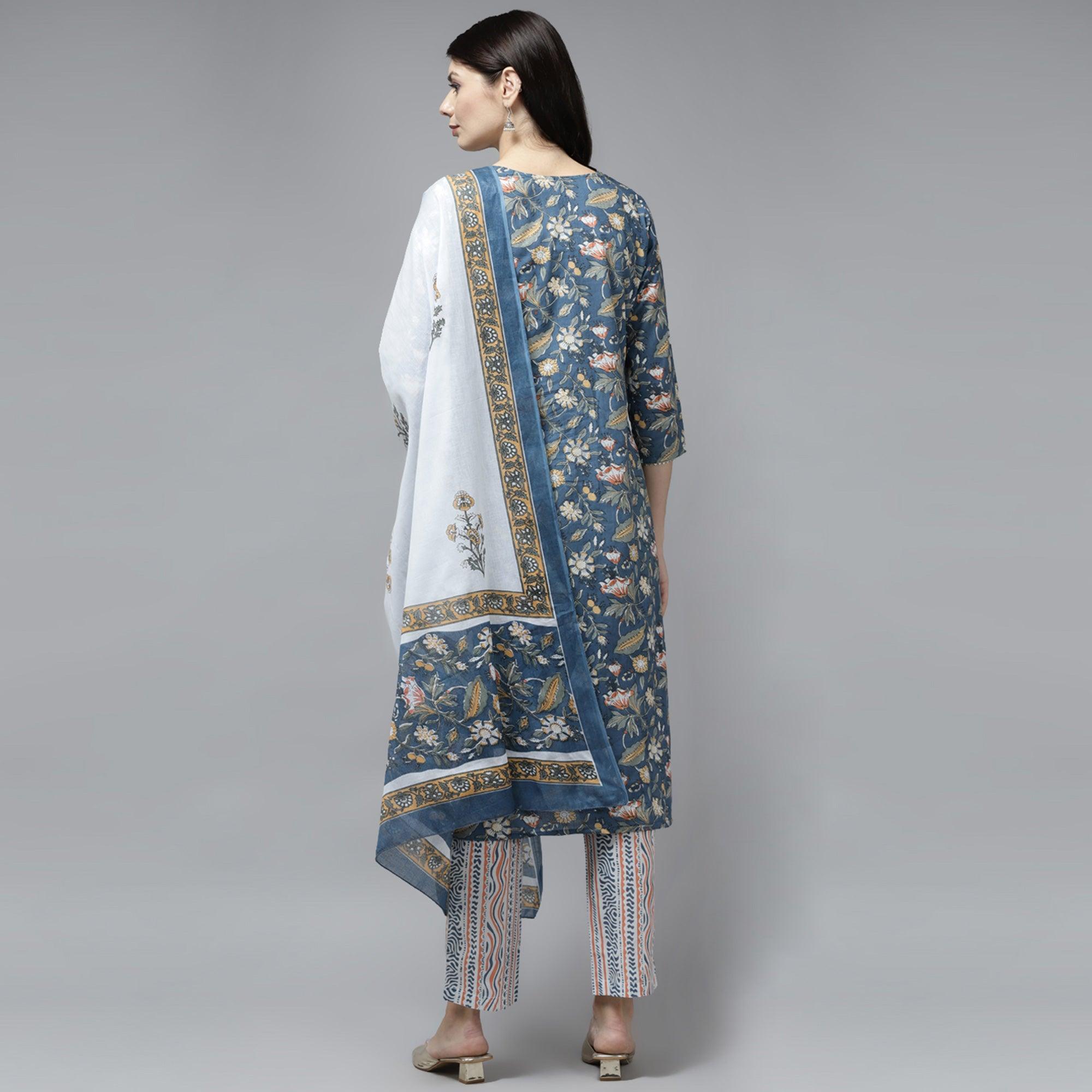 Teal Blue Printed Pure Cotton Kurti Pant Set With Dupatta - Peachmode