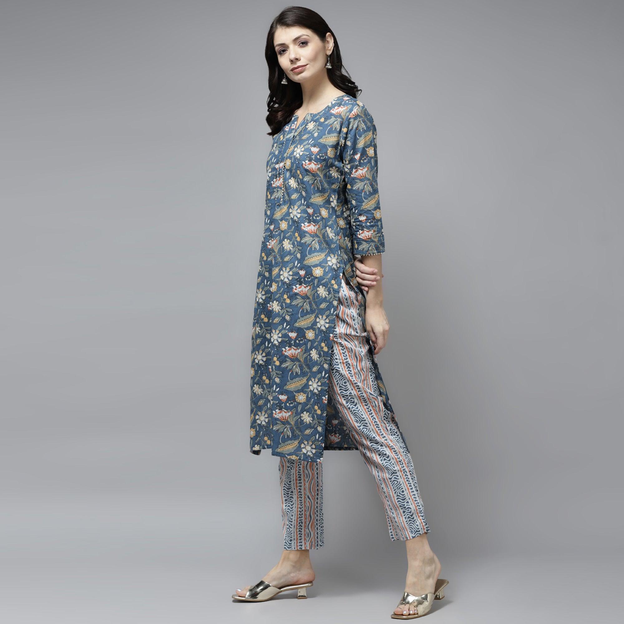 Teal Blue Printed Pure Cotton Kurti Pant Set With Dupatta - Peachmode