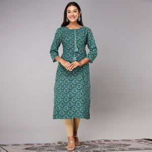 Teal Blue Printed With Gota Patti Work Poly Cotton Kurti - Peachmode