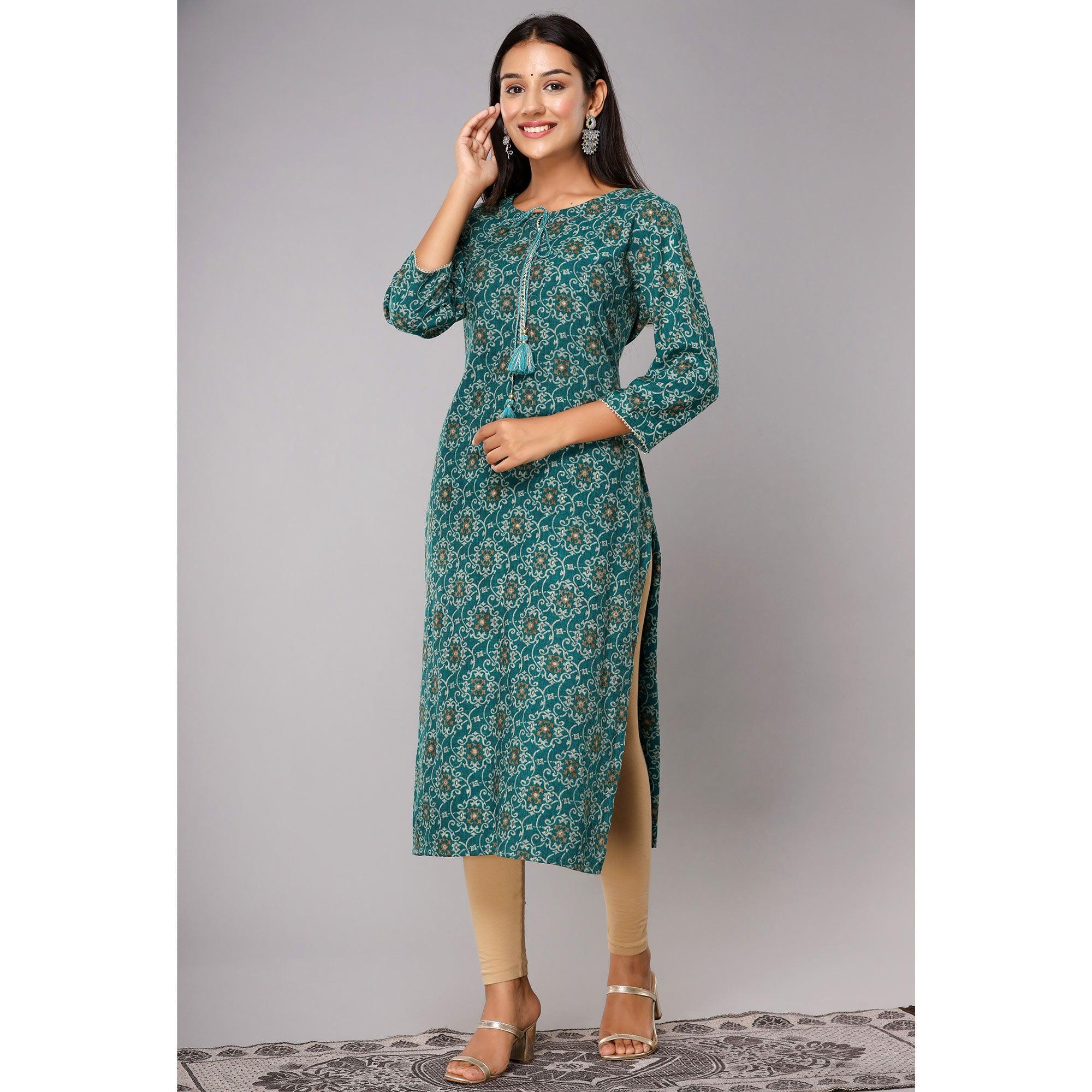 Teal Blue Printed With Gota Patti Work Poly Cotton Kurti - Peachmode