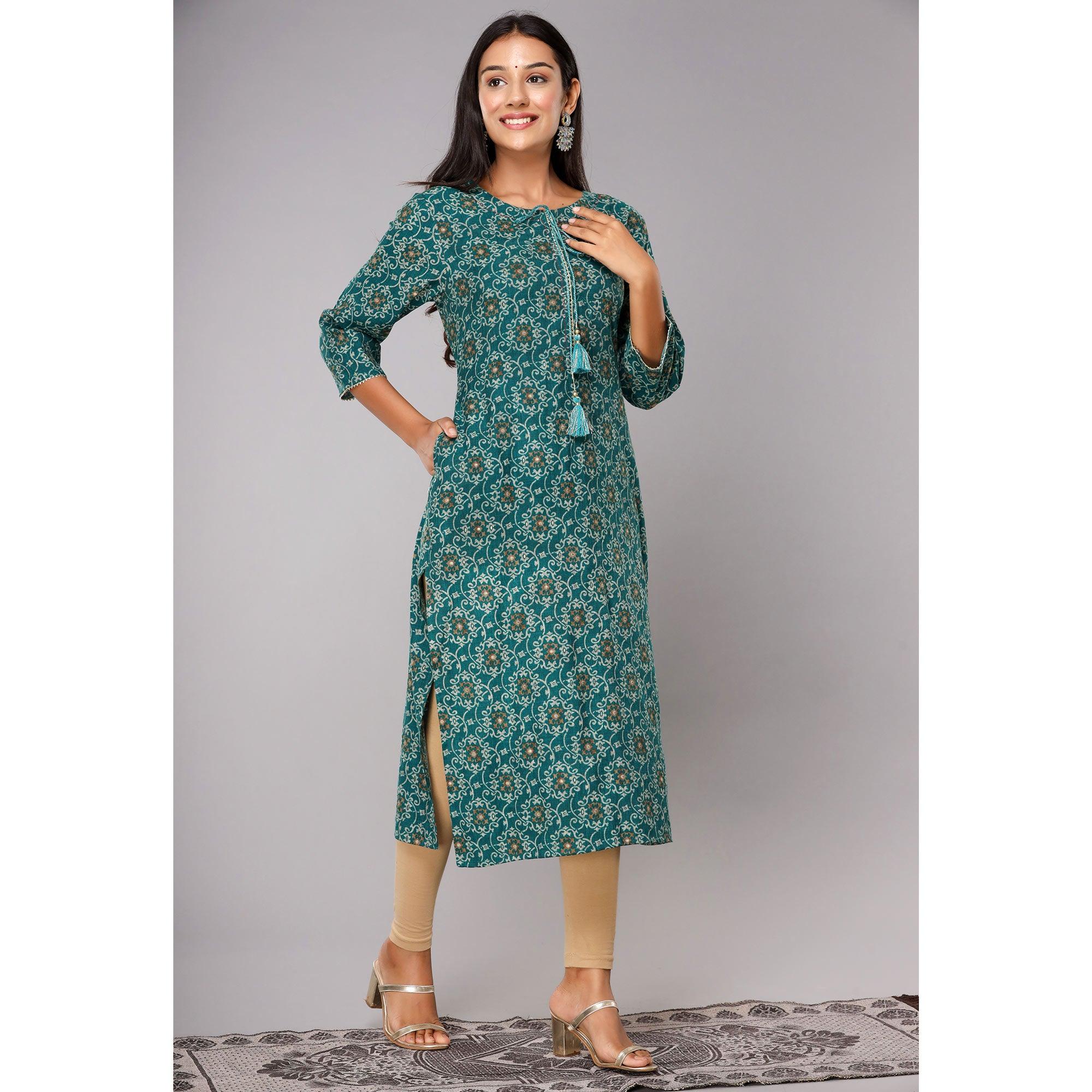 Teal Blue Printed With Gota Patti Work Poly Cotton Kurti - Peachmode