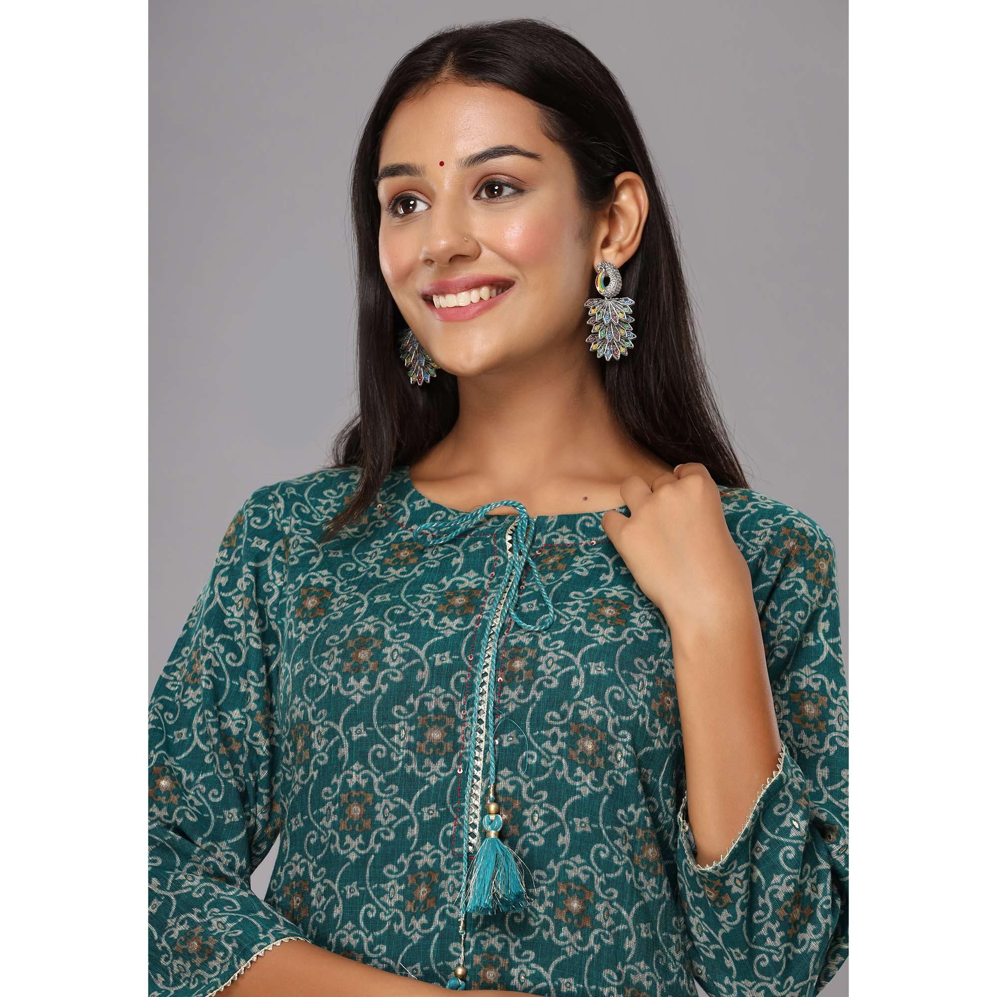 Teal Blue Printed With Gota Patti Work Poly Cotton Kurti - Peachmode