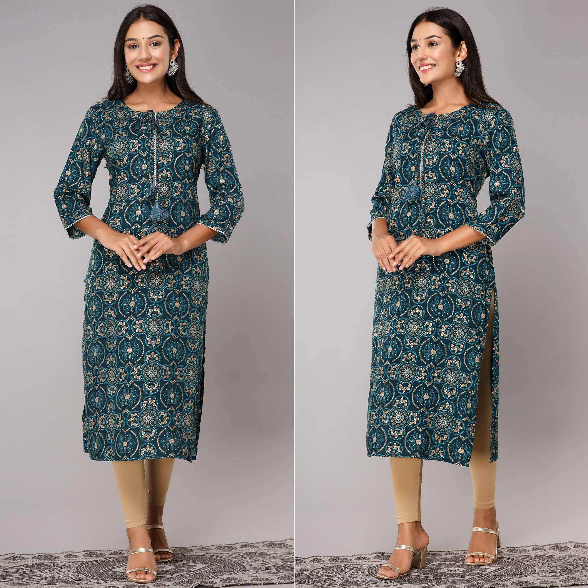 Teal Blue Printed With Gota Patti Work Pure Cotton Kurti - Peachmode