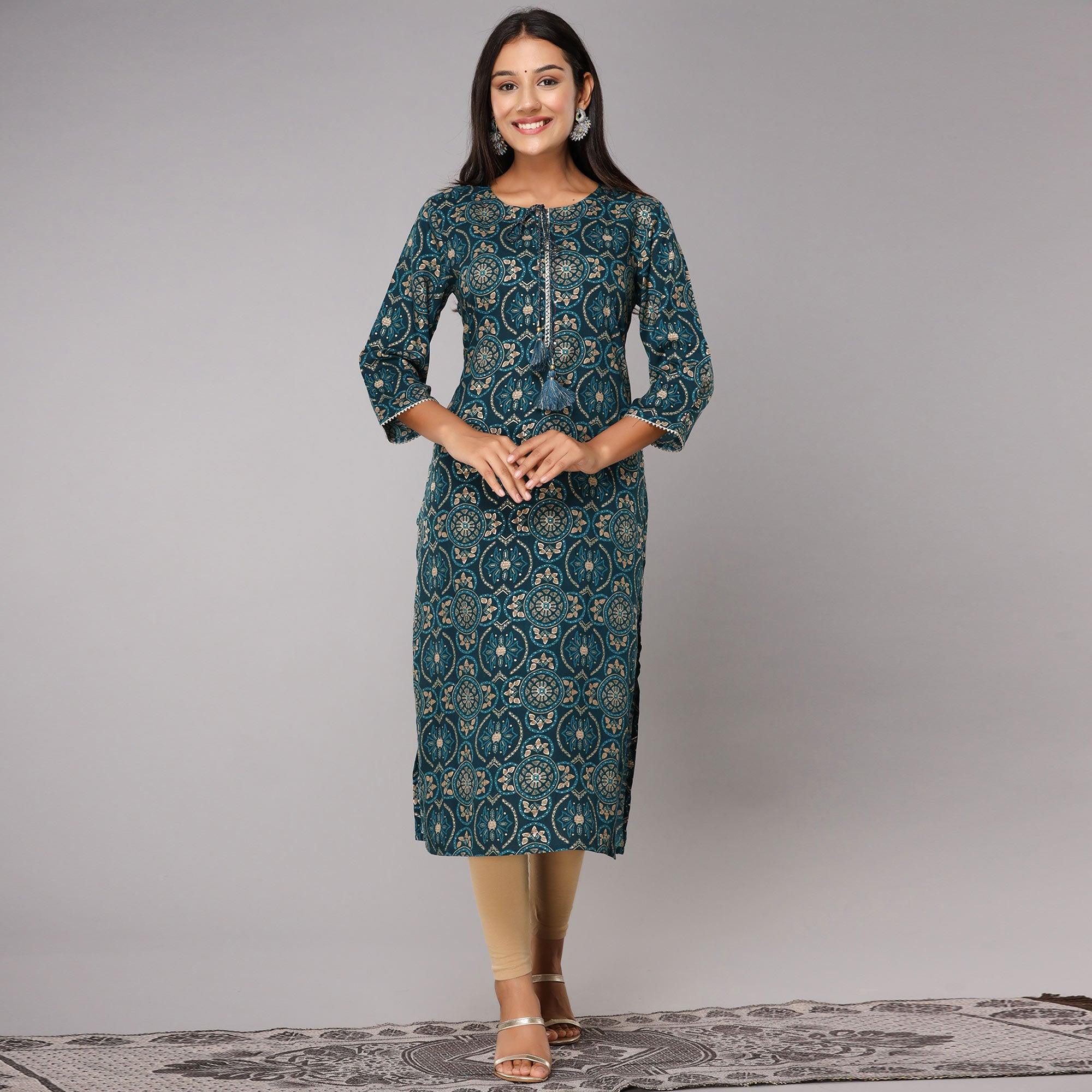Teal Blue Printed With Gota Patti Work Pure Cotton Kurti - Peachmode