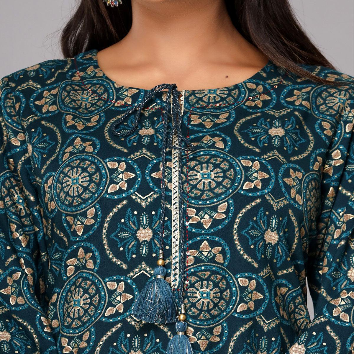 Teal Blue Printed With Gota Patti Work Pure Cotton Kurti - Peachmode
