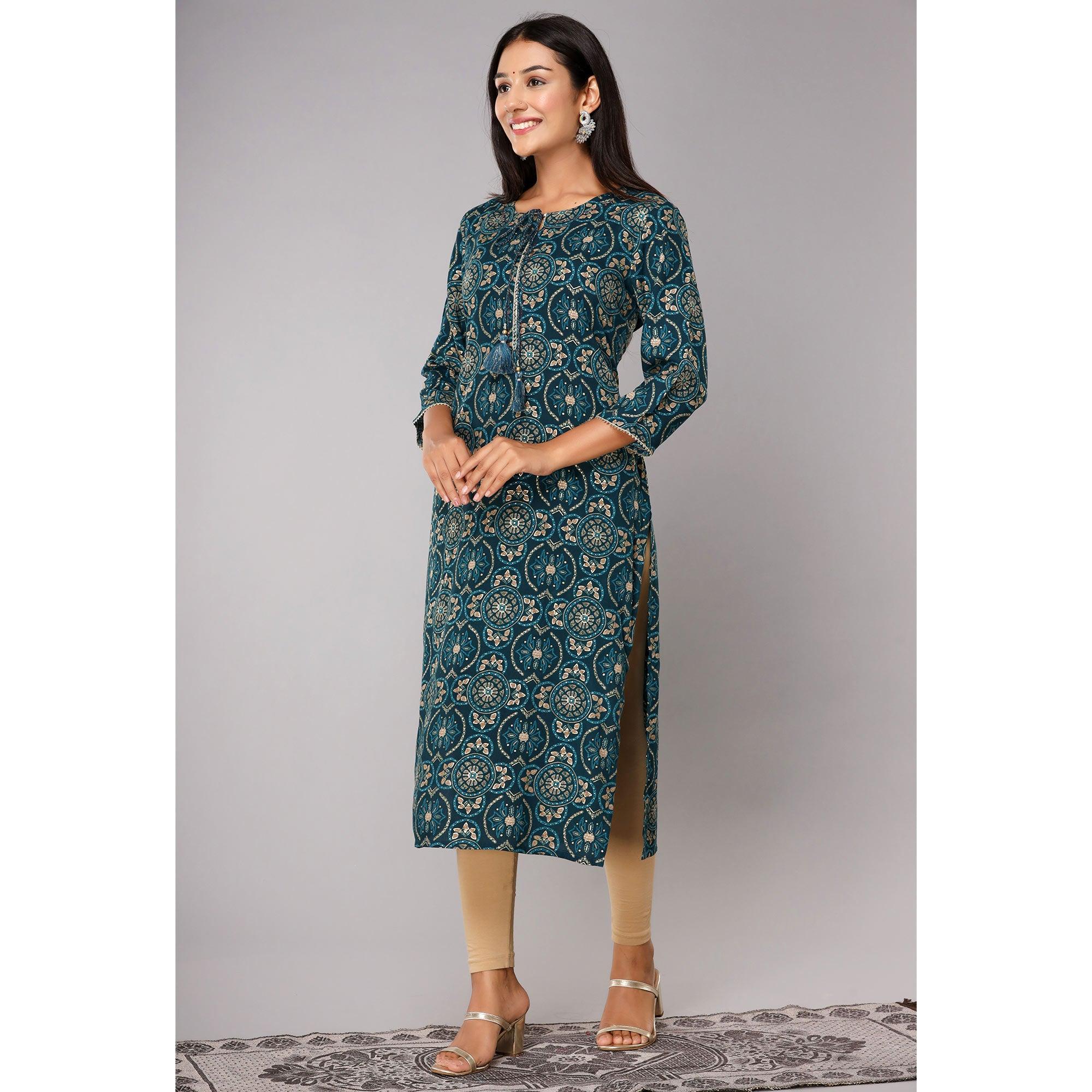 Teal Blue Printed With Gota Patti Work Pure Cotton Kurti - Peachmode