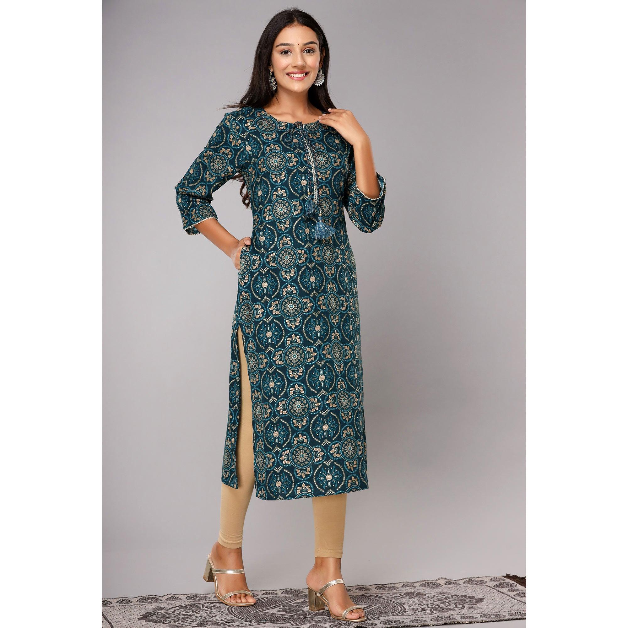 Teal Blue Printed With Gota Patti Work Pure Cotton Kurti - Peachmode