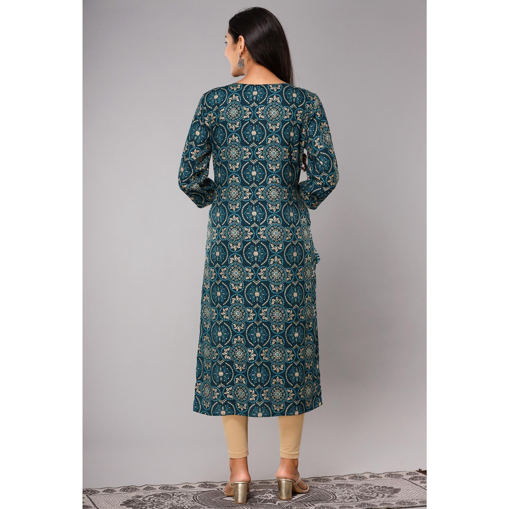 Teal Blue Printed With Gota Patti Work Pure Cotton Kurti - Peachmode