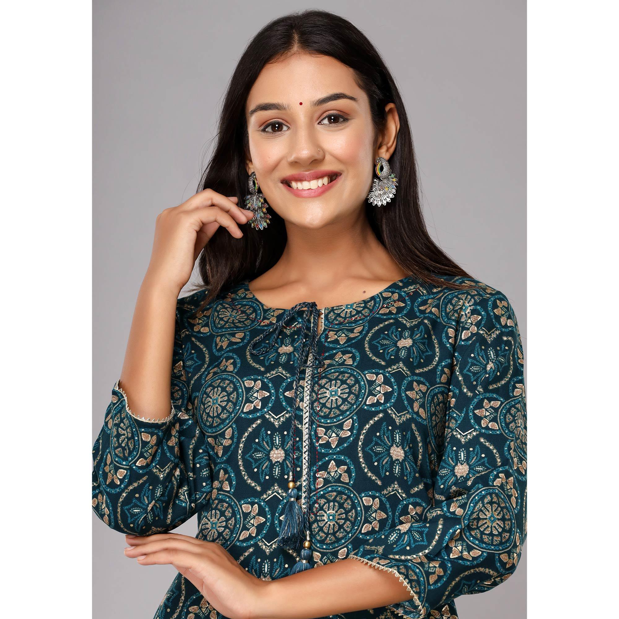 Teal Blue Printed With Gota Patti Work Pure Cotton Kurti - Peachmode