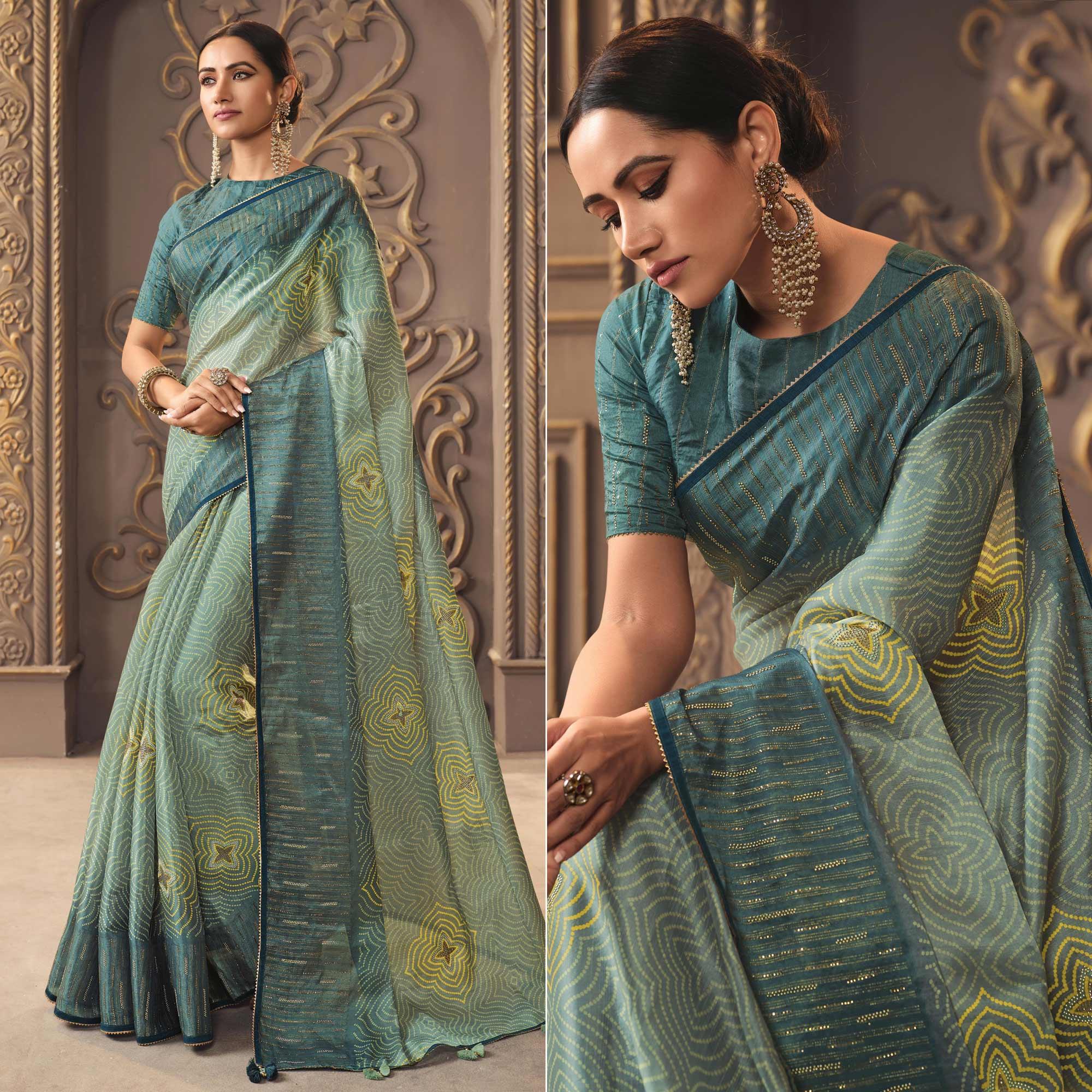 Teal Blue Printed With Sequence Work Organza Saree - Peachmode