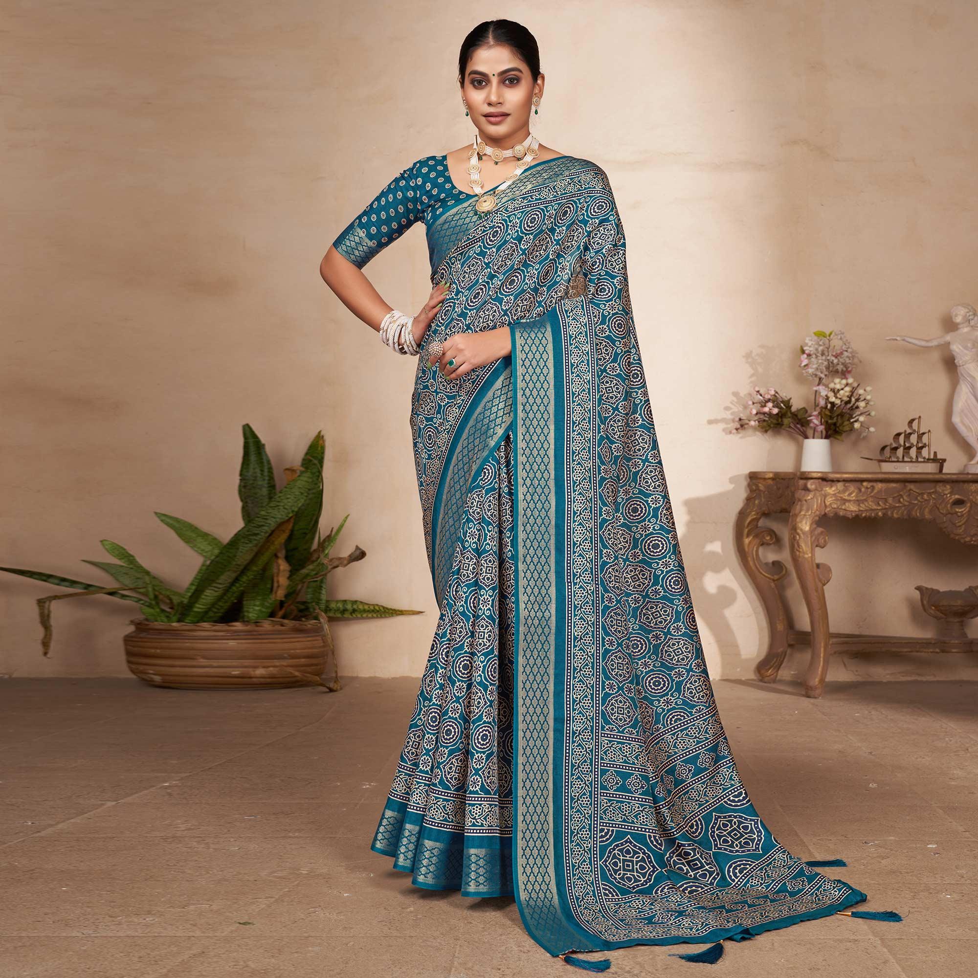 Teal Blue Printed-Woven Dola Silk Saree With Tassels - Peachmode