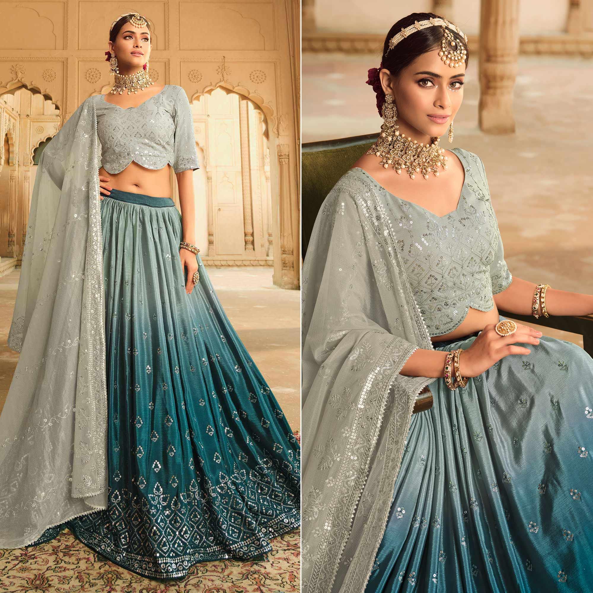 Teal Blue Sequence Embroidered Art Silk Lehenga Choli - Peachmode