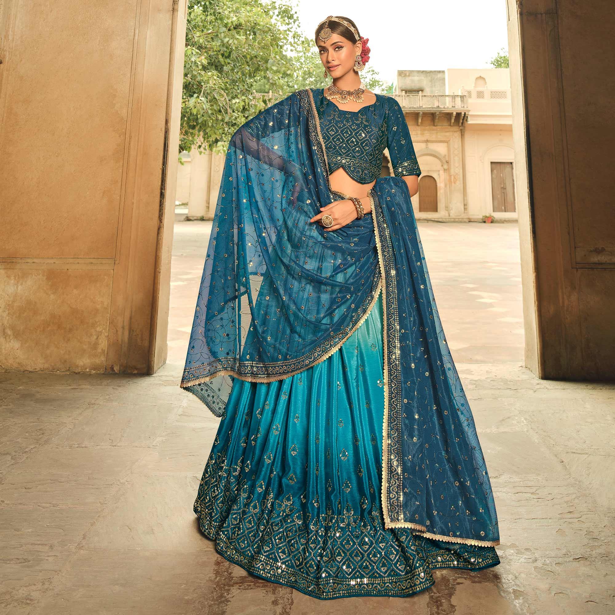 Teal Blue Sequence Embroidered Art Silk Lehenga Choli - Peachmode