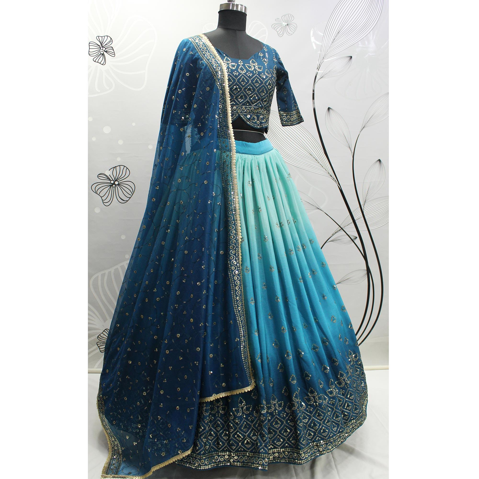 Teal Blue Sequence Embroidered Art Silk Lehenga Choli - Peachmode