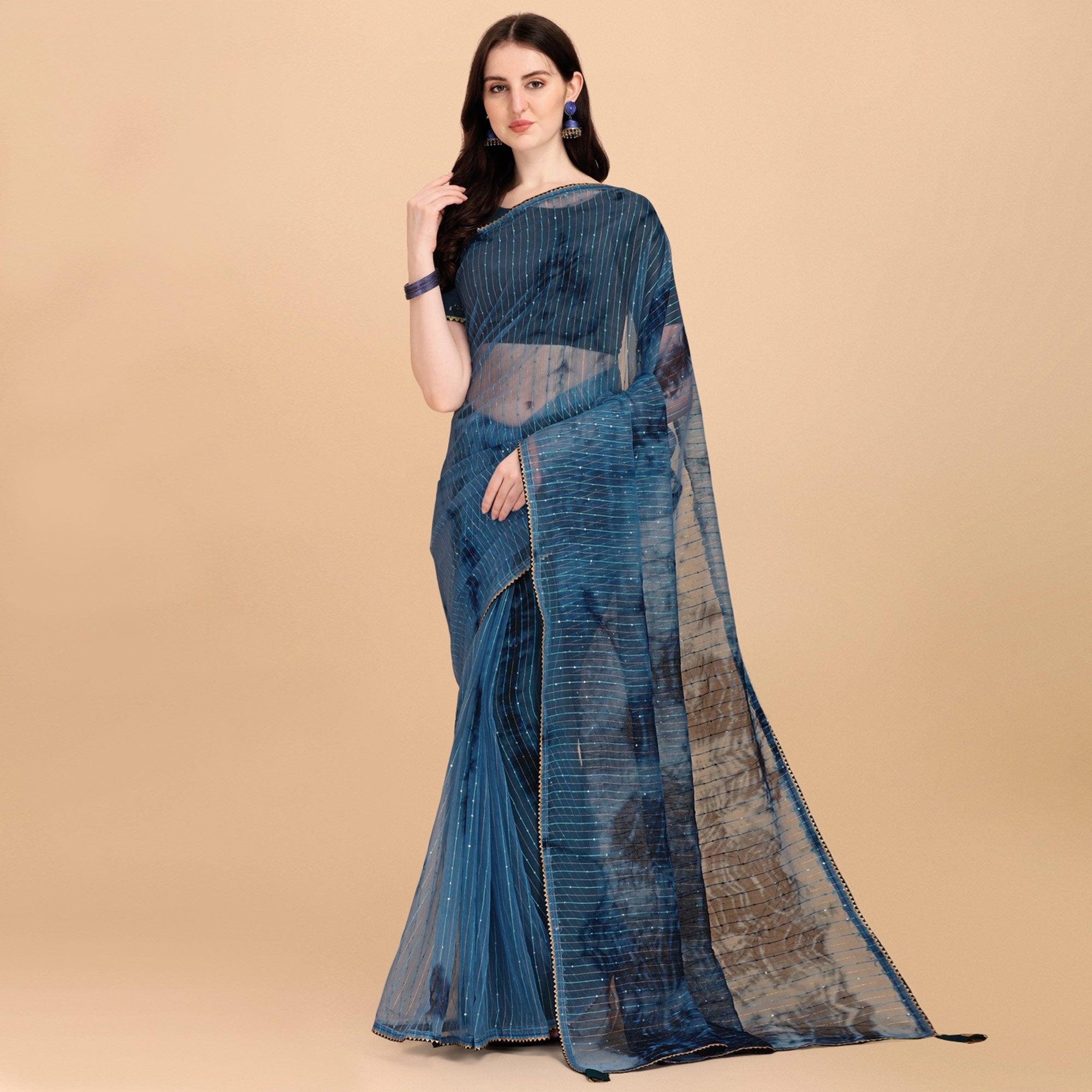 Teal Blue Sequence Embroidered Chanderi Saree - Peachmode