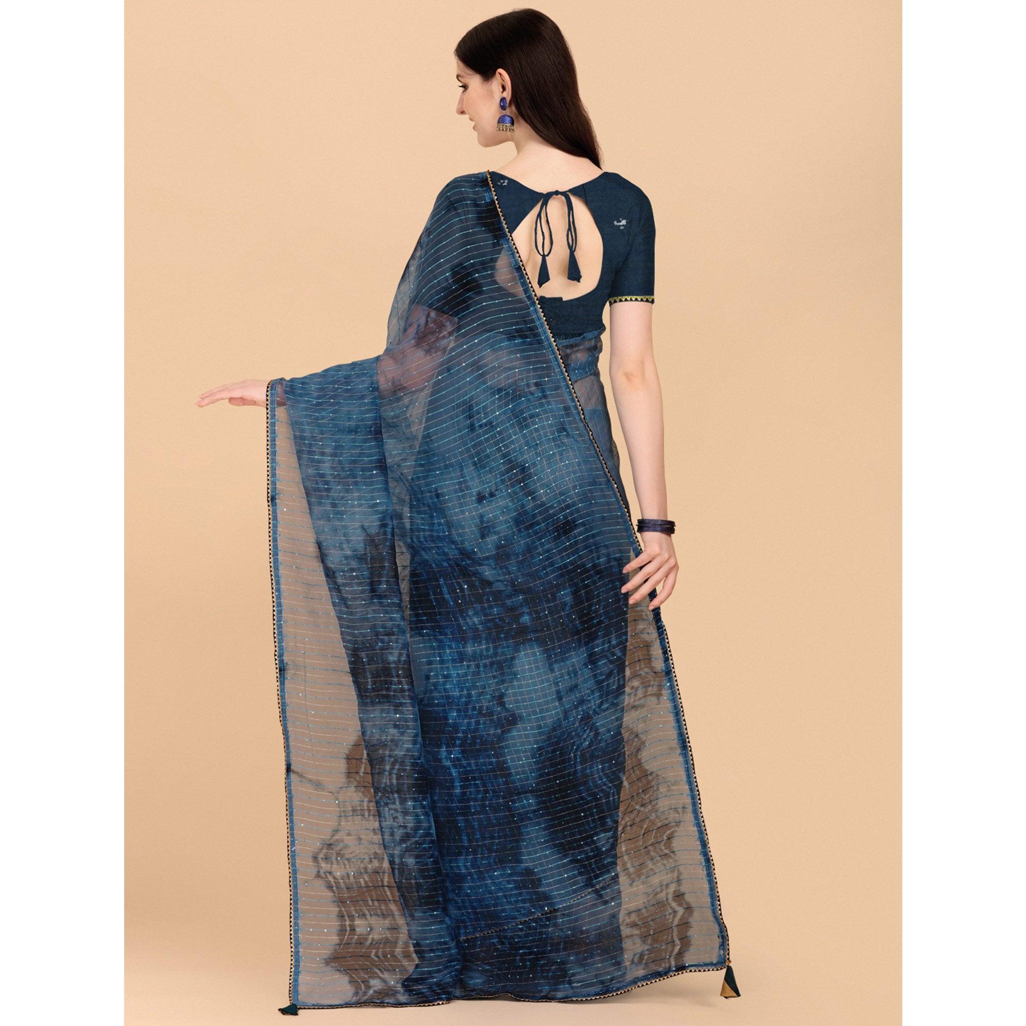 Teal Blue Sequence Embroidered Chanderi Saree - Peachmode