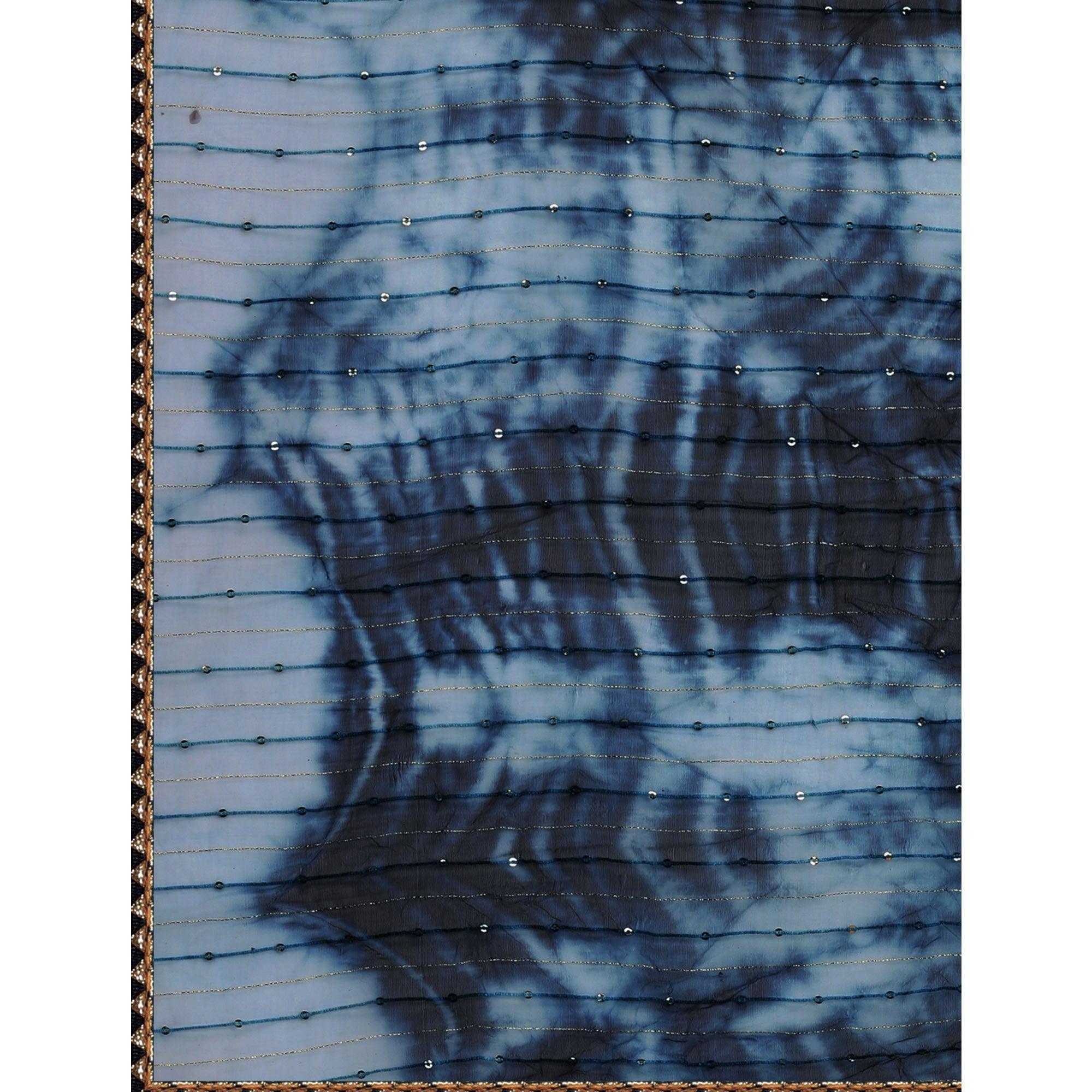 Teal Blue Sequence Embroidered Chanderi Saree - Peachmode
