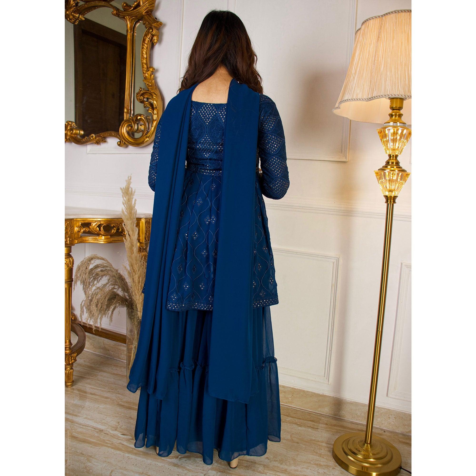 Teal Blue Sequence Embroidered Georgette Sharara Suit - Peachmode