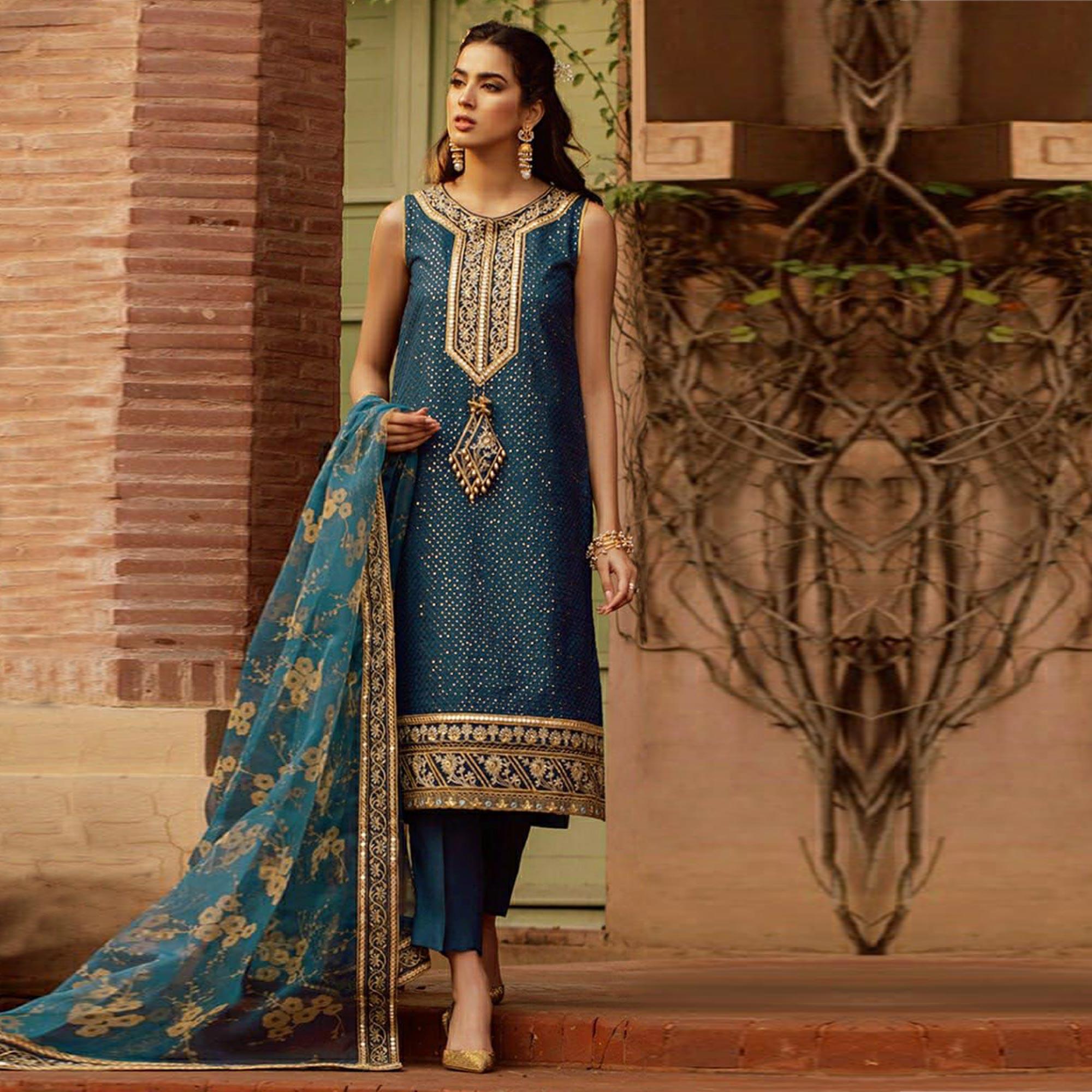 Teal Blue Sequence Embroidered Georgette Suit - Peachmode