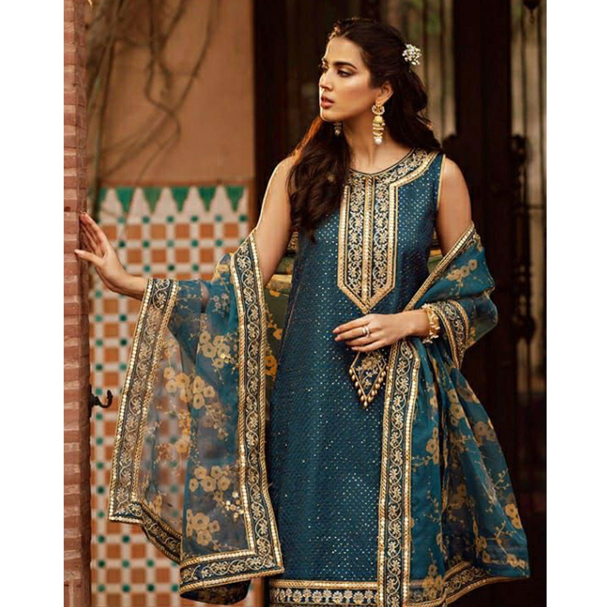 Teal Blue Sequence Embroidered Georgette Suit - Peachmode