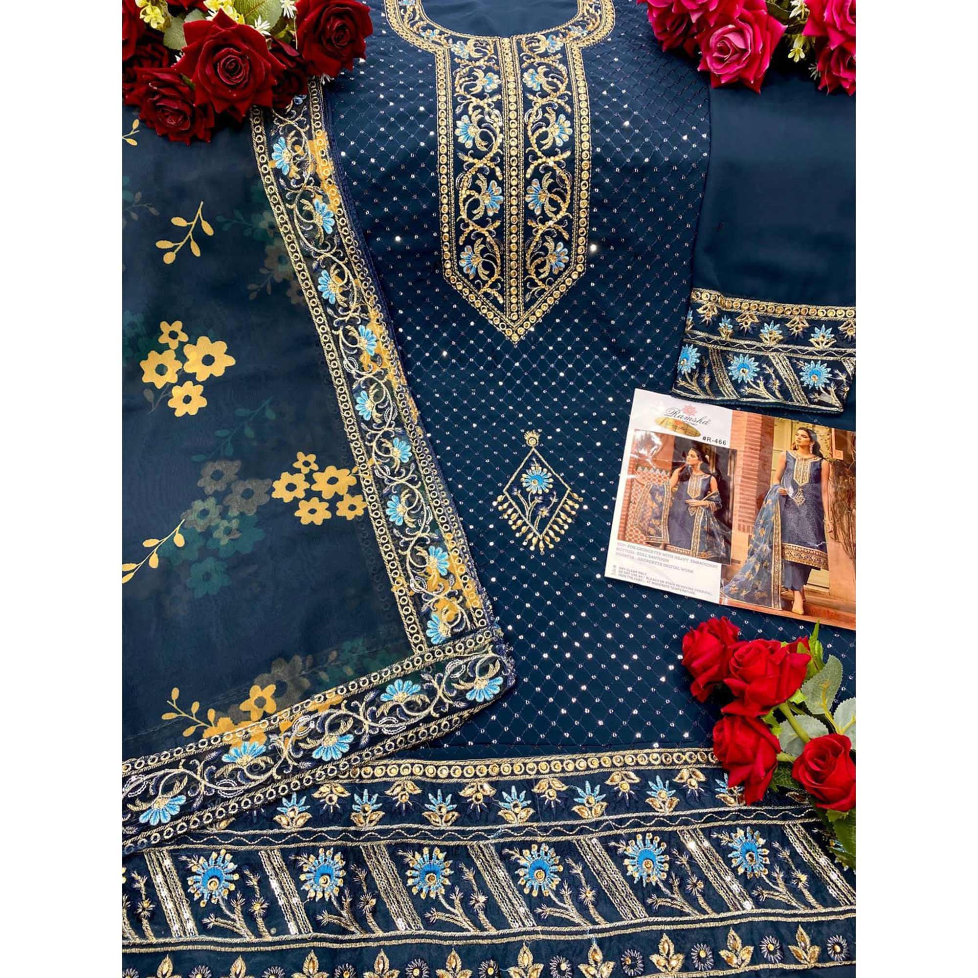 Teal Blue Sequence Embroidered Georgette Suit - Peachmode