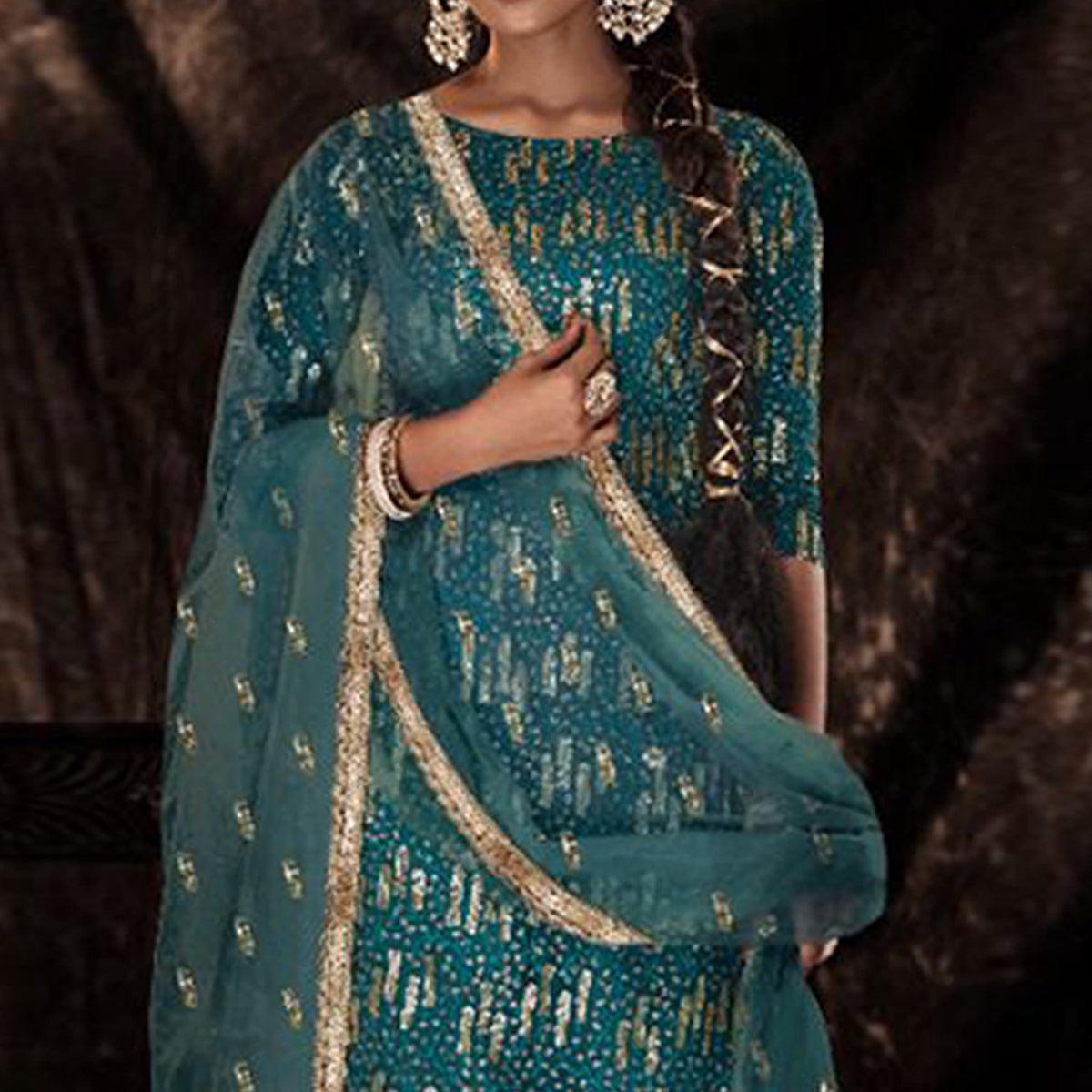 Teal Blue Sequence Embroidered Netted Palazzo Suit - Peachmode