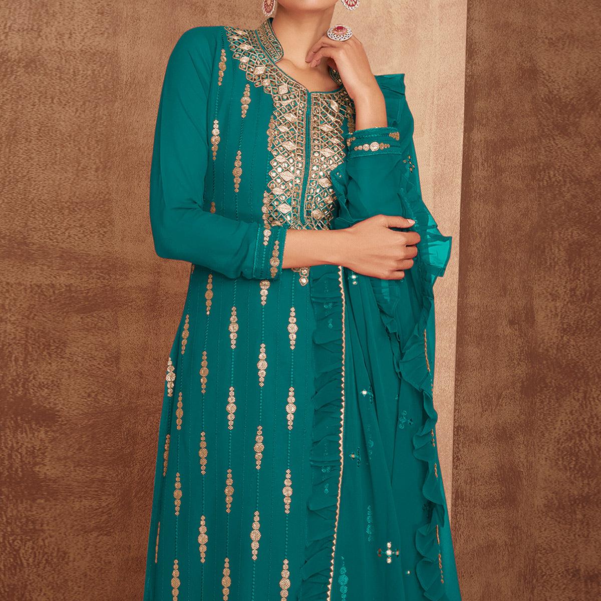 Teal Blue Sequence Embroidery Georgette Partywear Suit - Peachmode