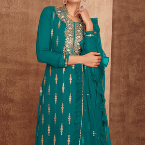 Teal Blue Sequence Embroidery Georgette Partywear Suit - Peachmode