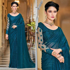 Teal Blue Solid Art Silk Saree - Peachmode