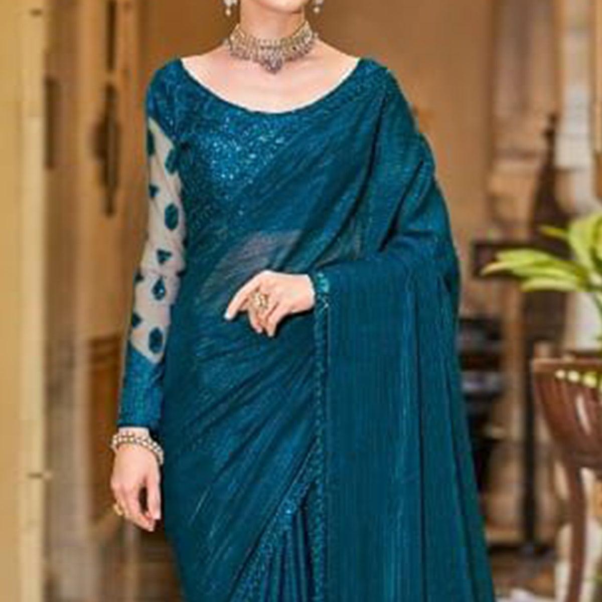 Teal Blue Solid Art Silk Saree - Peachmode