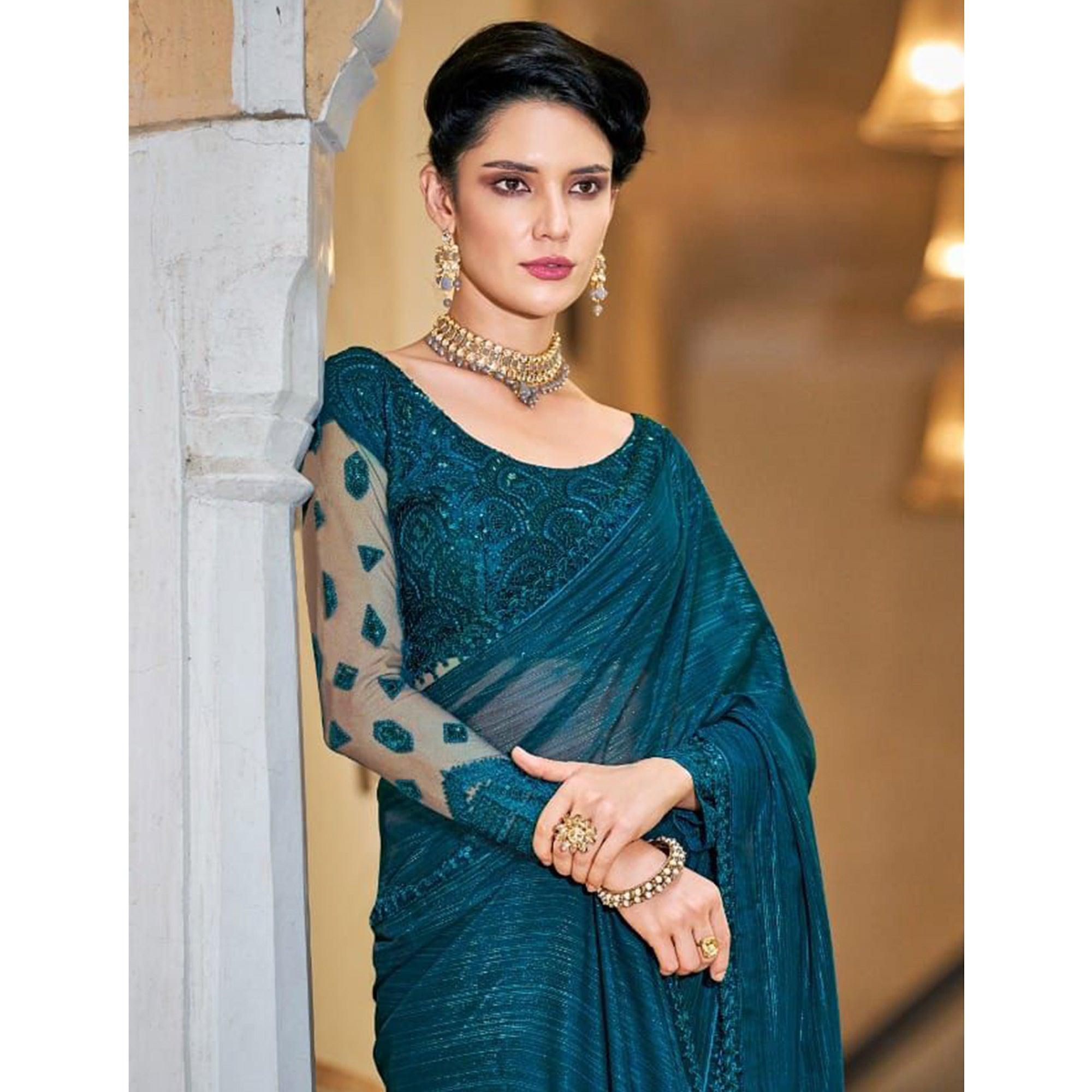 Teal Blue Solid Art Silk Saree - Peachmode