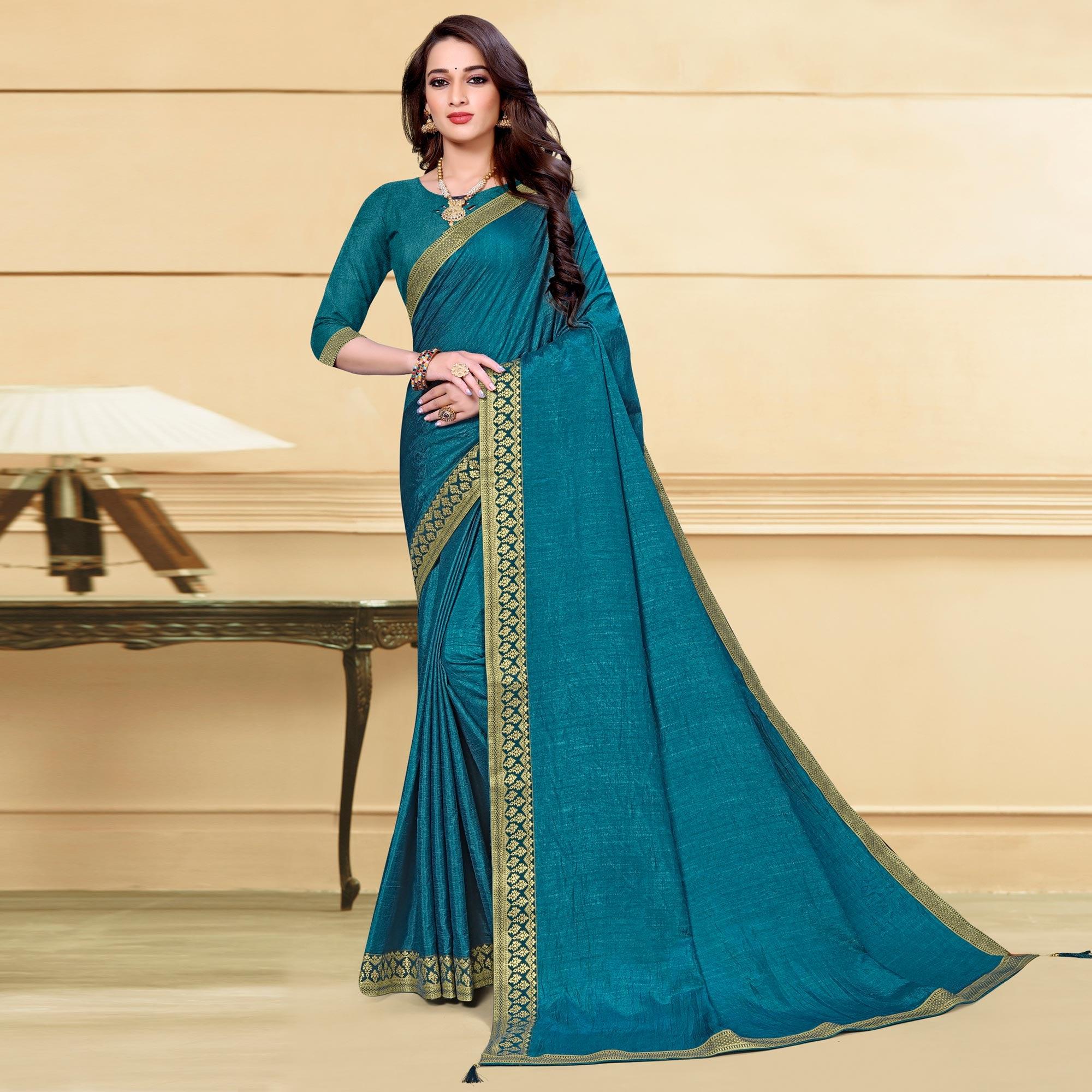 Teal Blue Solid Vichitra Silk Saree - Peachmode