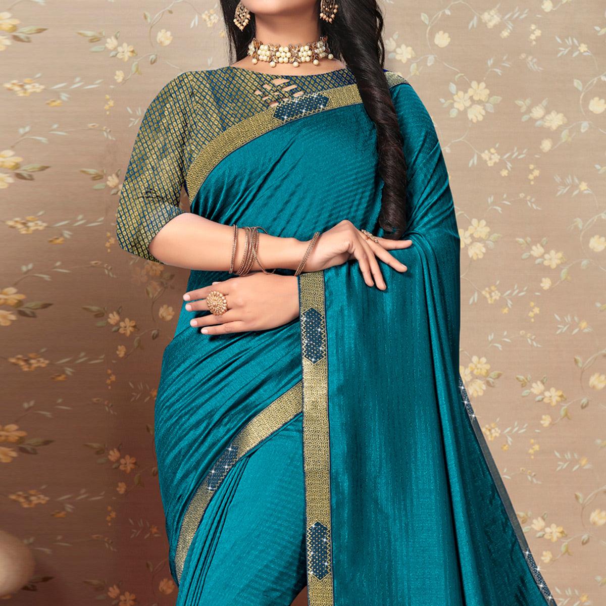 Teal Blue Solid Vichitra Silk Saree - Peachmode