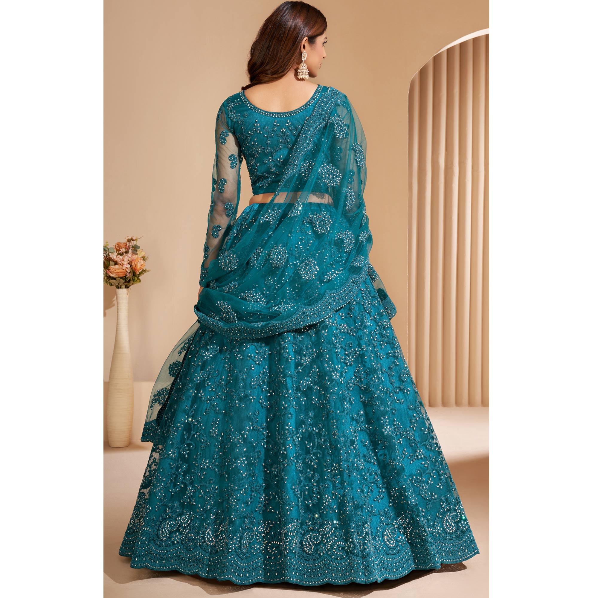 Teal Blue Wedding Wear Embroidered With Embellished Net Lehenga Choli - Peachmode