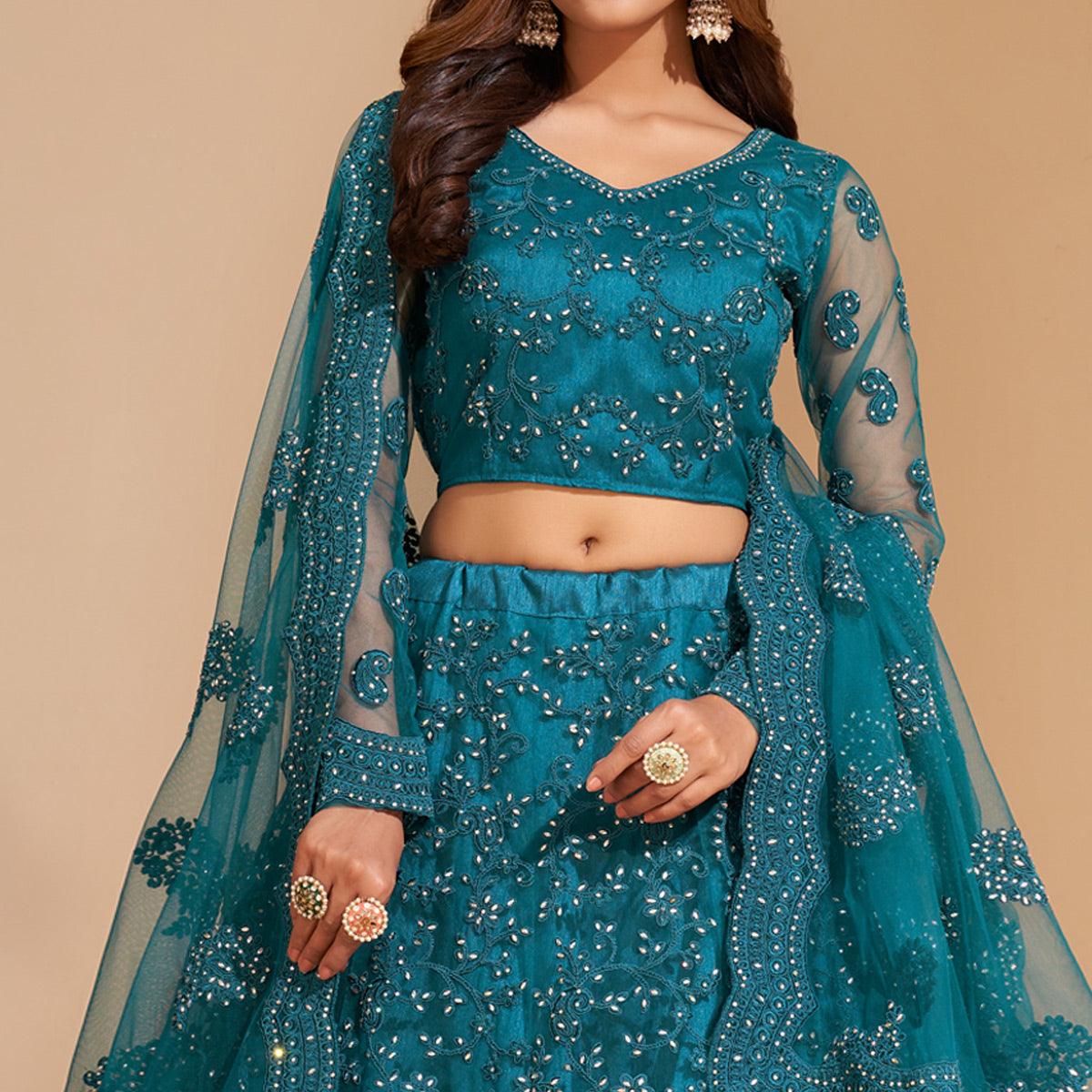 Teal Blue Wedding Wear Embroidered With Embellished Net Lehenga Choli - Peachmode