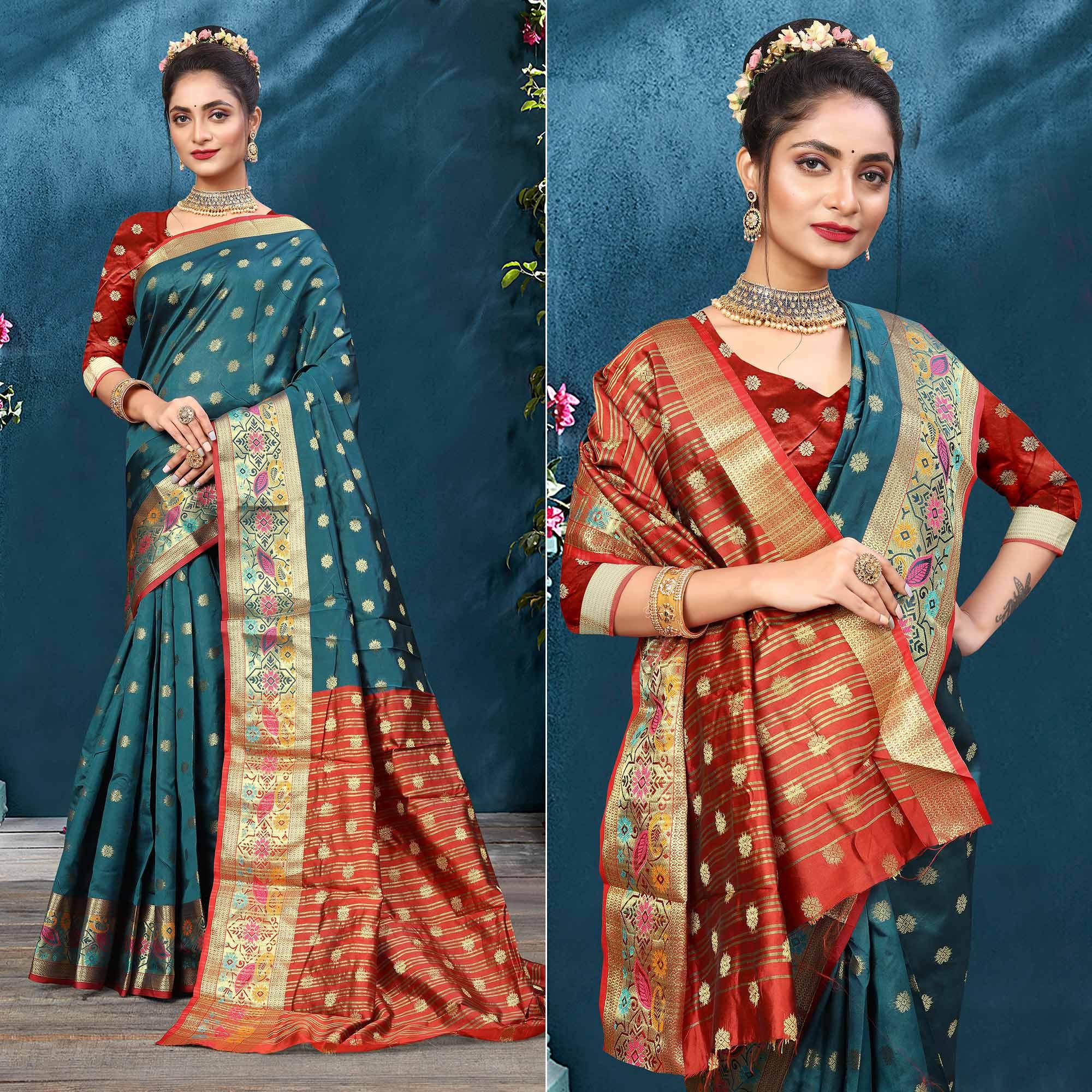 Teal Blue Woven Art Silk Saree - Peachmode