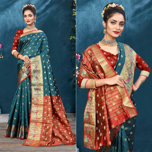 Teal Blue Woven Art Silk Saree - Peachmode