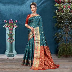 Teal Blue Woven Art Silk Saree - Peachmode