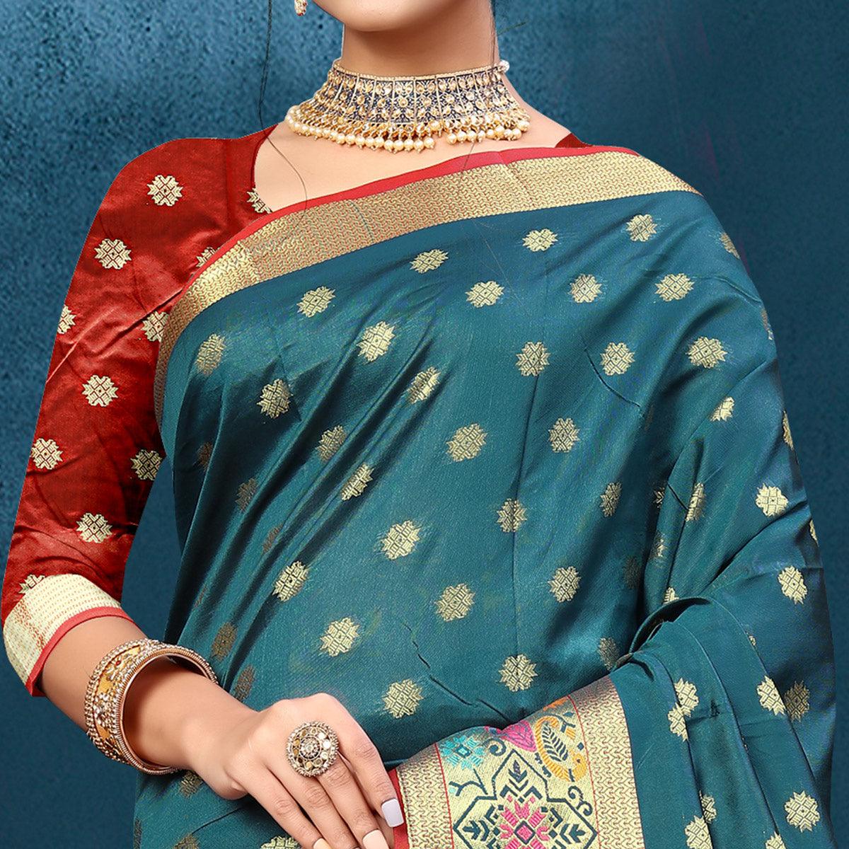 Teal Blue Woven Art Silk Saree - Peachmode