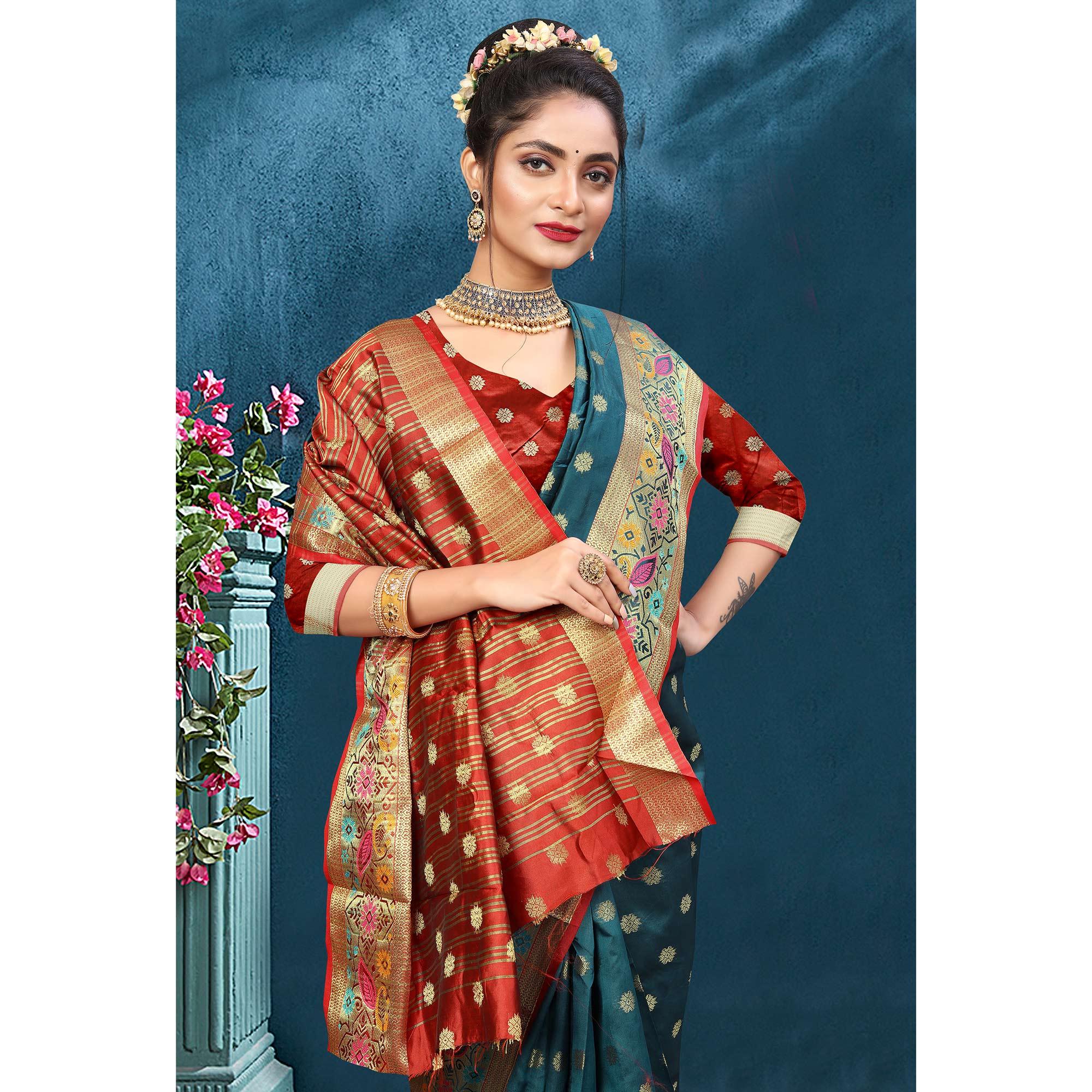 Teal Blue Woven Art Silk Saree - Peachmode
