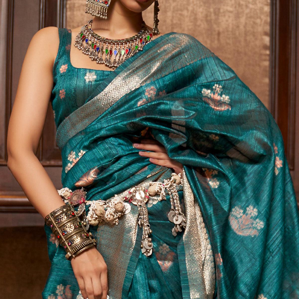 Teal Blue Woven Pure Silk Saree With Tassels - Peachmode