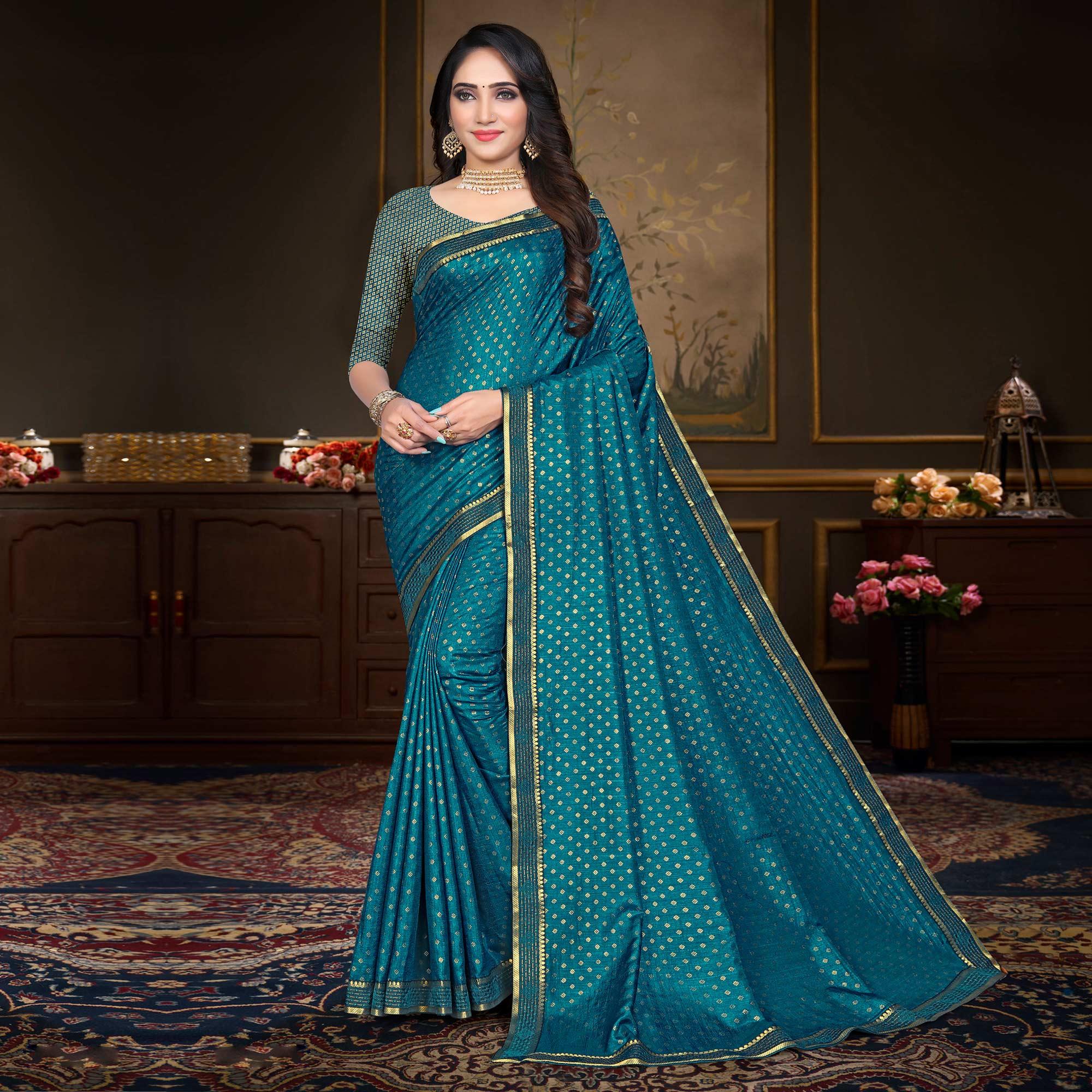 Teal Blue Woven Vichitra Silk Saree - Peachmode