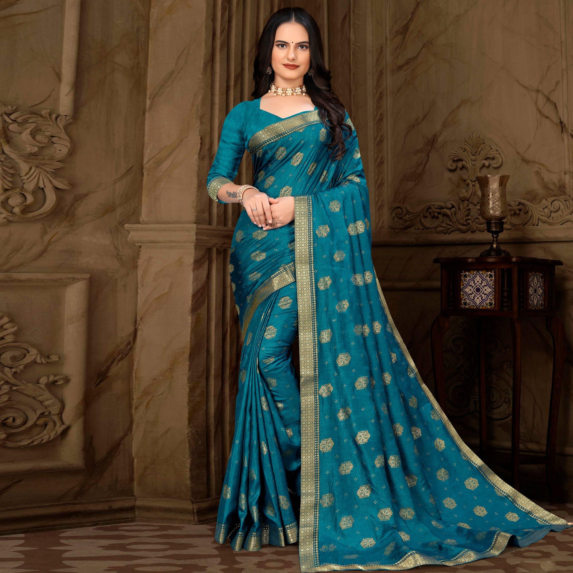 Teal Blue Woven Vichitra Silk Saree - Peachmode