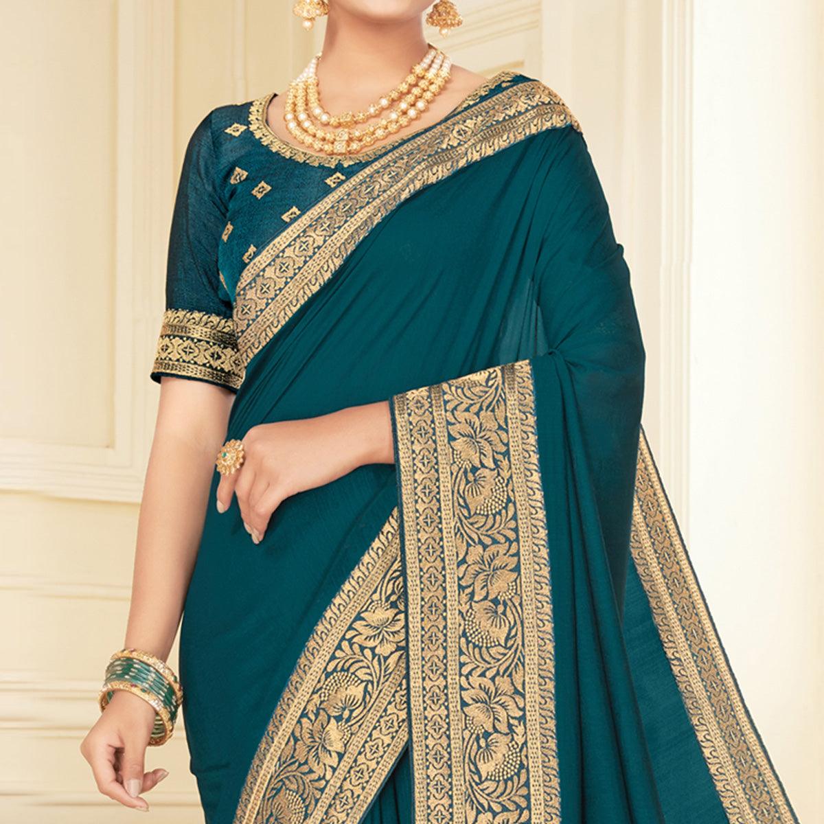 Teal Blue Woven Vichitra Silk Saree - Peachmode