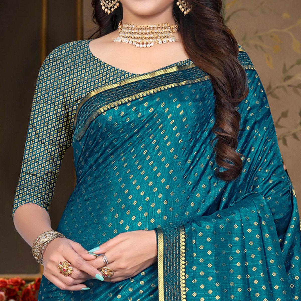 Teal Blue Woven Vichitra Silk Saree - Peachmode