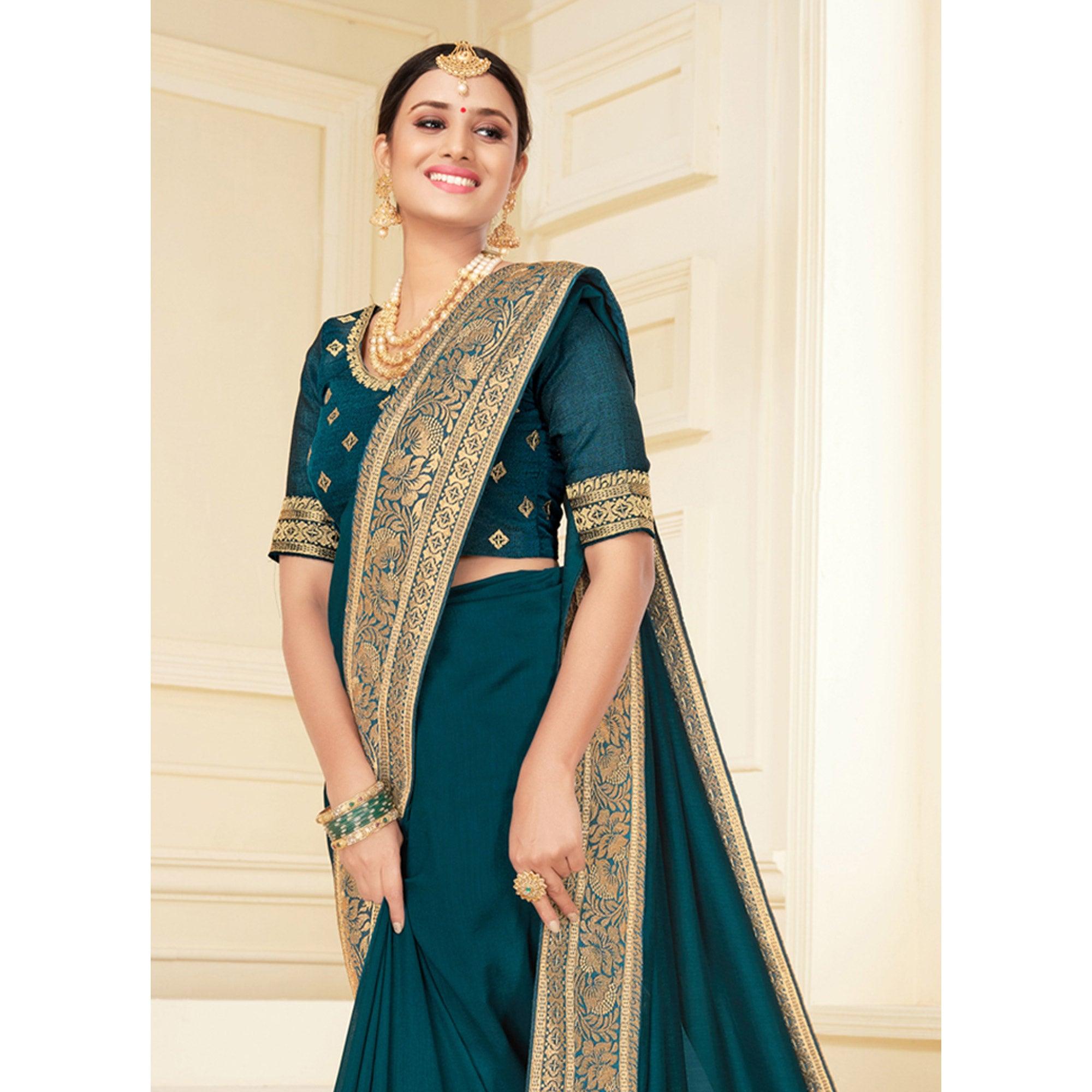 Teal Blue Woven Vichitra Silk Saree - Peachmode